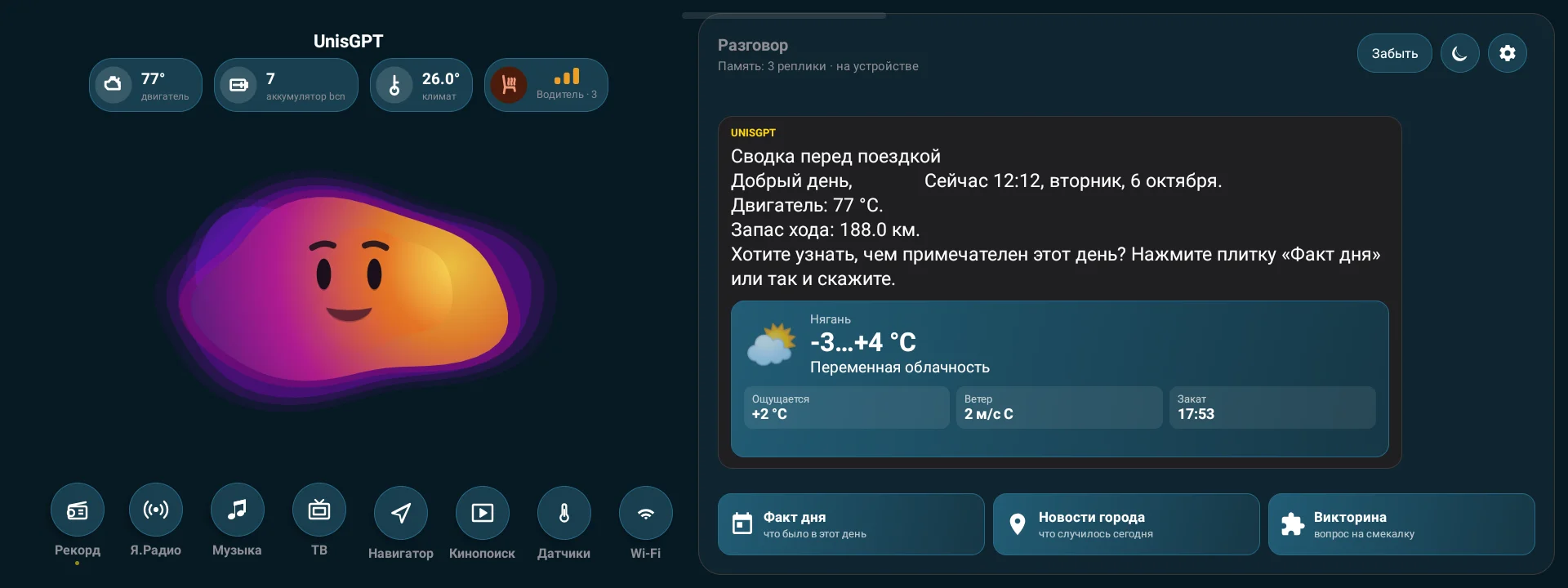Главный экран UnisGPT: облачко-помощник, сводка перед поездкой с погодой, плитки «Факт дня», «Новости города», «Викторина» и кнопки Рекорд, Я.Радио, Музыка, ТВ, Навигатор, Кинопоиск, Датчики, Wi-Fi